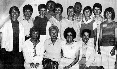 Faculty at the inaugural Boyds Mills Writers Workshop at Chautauqua in 1985. Seated: Judith Enderle, Bernice Cullinan, Shirley Jorjorian, Pauline Watson; Second row: Caroline Arnold, Stephanie Tessler, Marilyn Kratz, Sally Lucas, Lois Lowry, Kathleen Stevens, Marileta Robinson; Back row: Laurence Pringle, Peter P. Jacobi, Barbara Elleman.