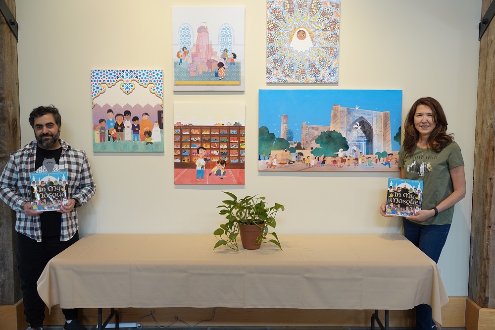 the installation of its yearly Art Wall, now featuring art and story from IN MY MOSQUE, a picture book authored by M.O. Yuksel and illustrated by Hatem Aly.