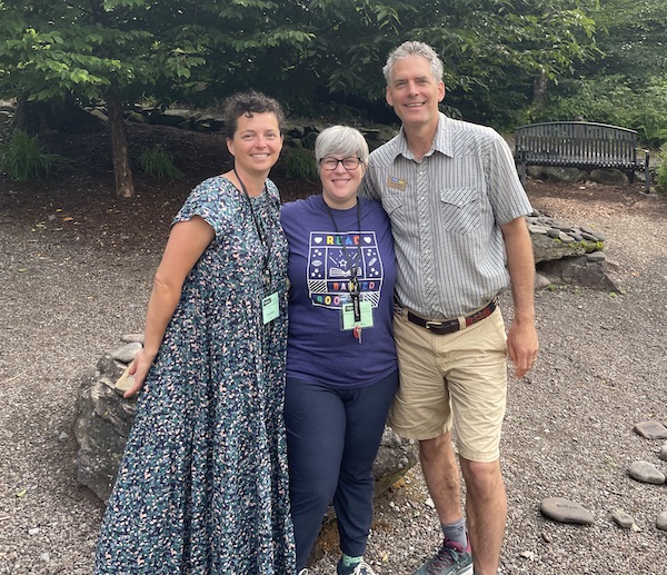 Andrea Cruz Floren (left) is pictured here on a personal retreat, with Zara González Hoang (center) and Executive Director George Brown (right).  Zara was Andrea's mentor in the Las Musas mentorship program, and they were excited to share time together again at Boyds Mills.