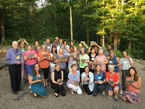 Faculty and attendees to the first “Master Class in Nonfiction for Children and Young Adults” gather in the Word Garden at Boyds Mills Retreat Center in Boyds Mill, PA. 