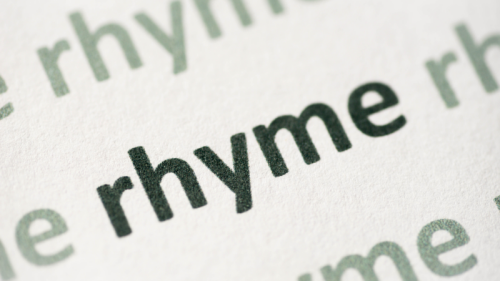 Graphic for course Rhyming PIcture Books at Boyds Mills, featuring the word rhyme written on a page.