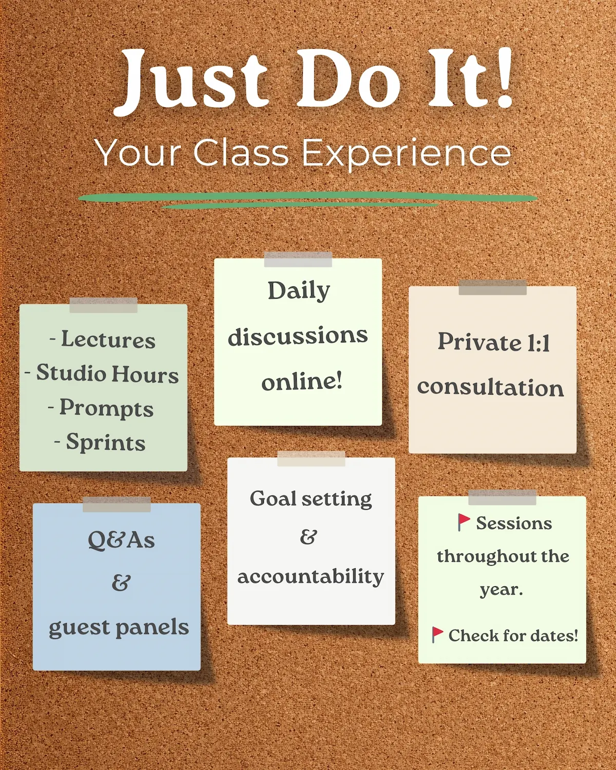 Graphic for Just Do It, featuring a bulletin board with stickies describing the class