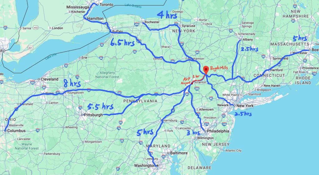 Map of Driving Distances to Boyds Mills Retreat Center