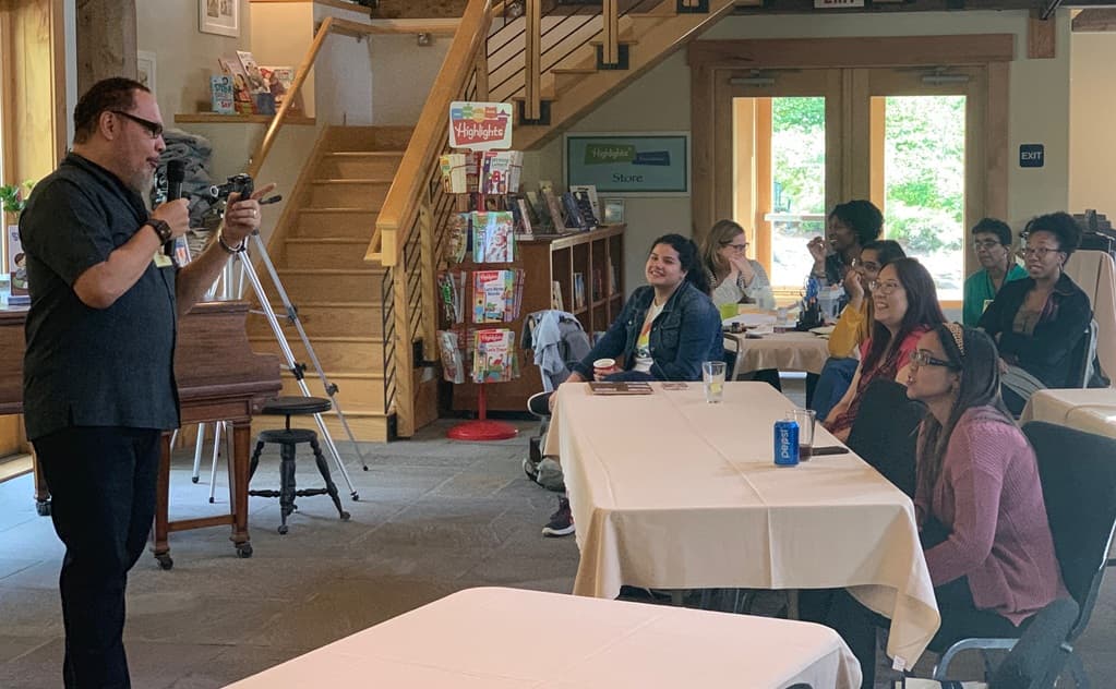 Floyd Cooper with a group at the Boyds Mills Retreat Center 