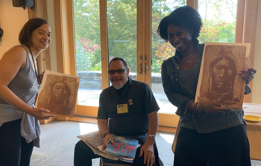 Floyd Cooper with Daria Peoples and Leah Henderson at the Boyds Mills Retreat Center