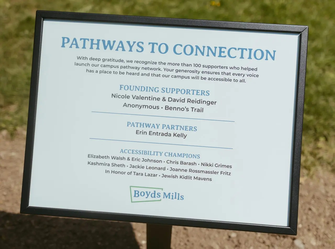 A pathway donor recognition sign at boyds mills